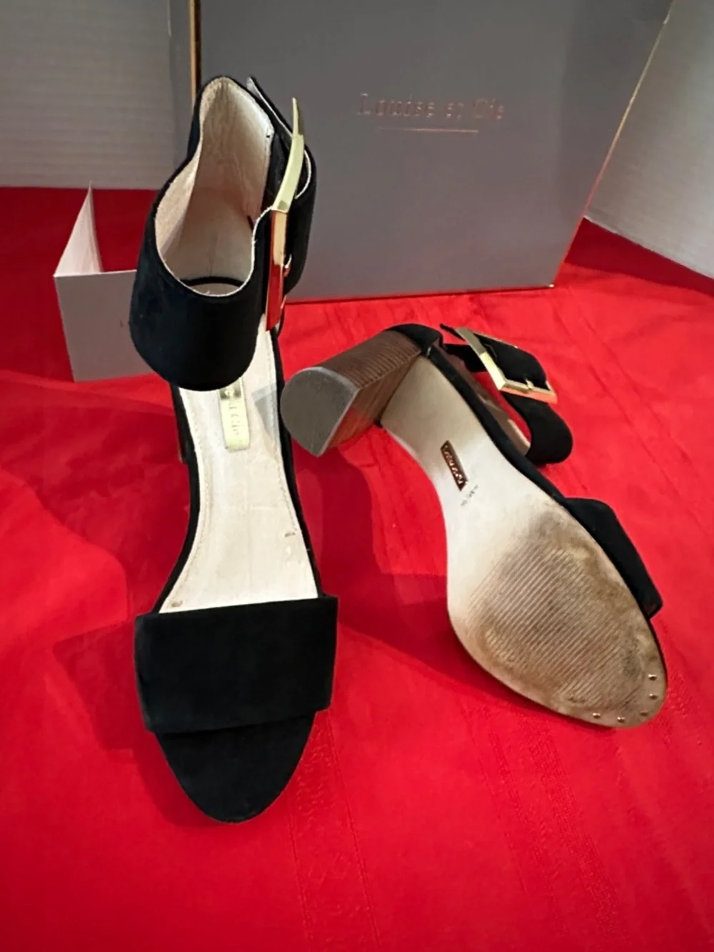 Louise et Cie Black Suede Ankle-Strap Block Heels with Gold Buckle Size 6
